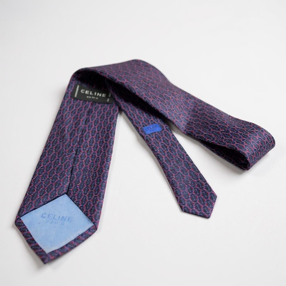 Celine Men's Tie in Navy and Burgundy Pattern